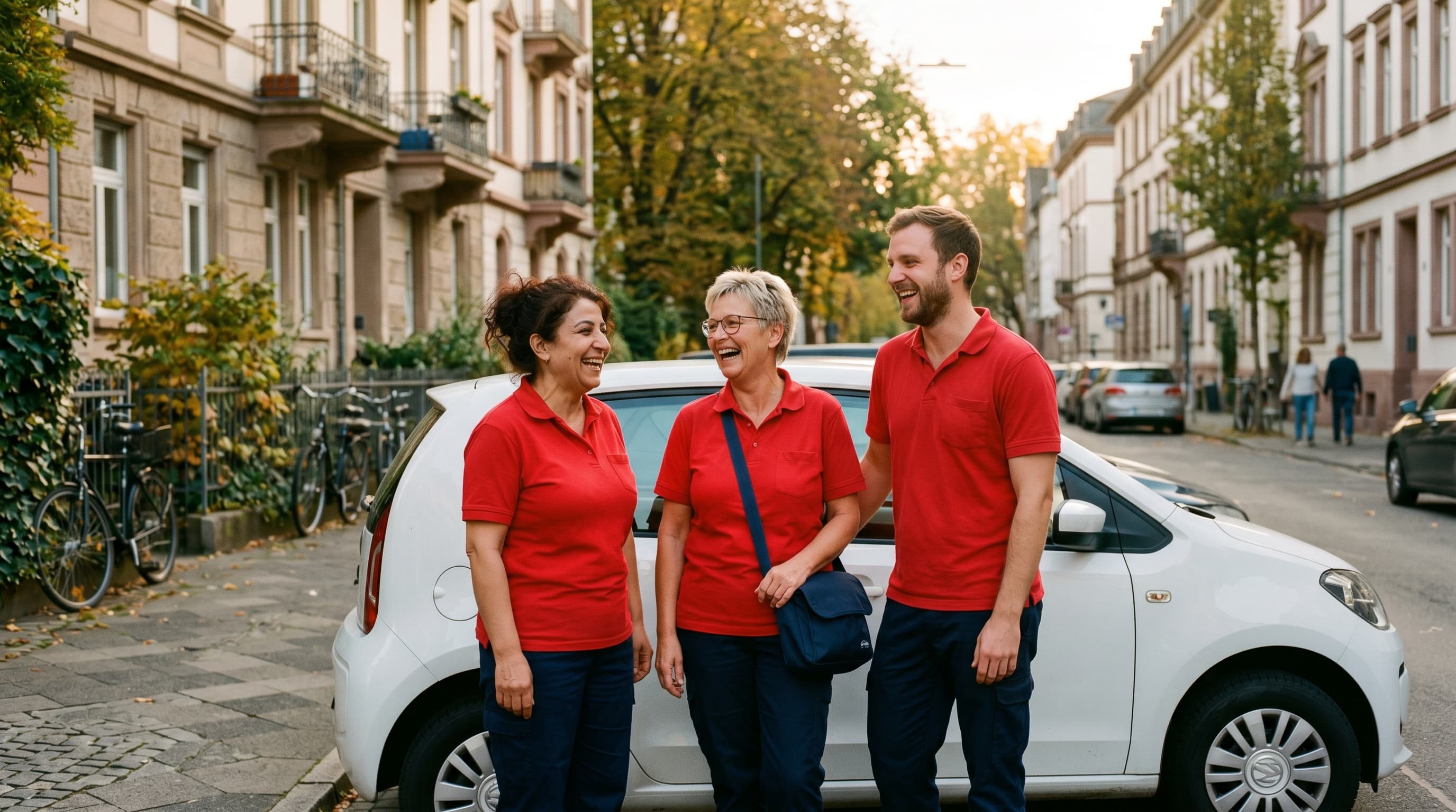 Drei Pflegekräfte von Sebat Pflege lachen zusammen neben einem Dienstwagen auf einer Frankfurter Straße