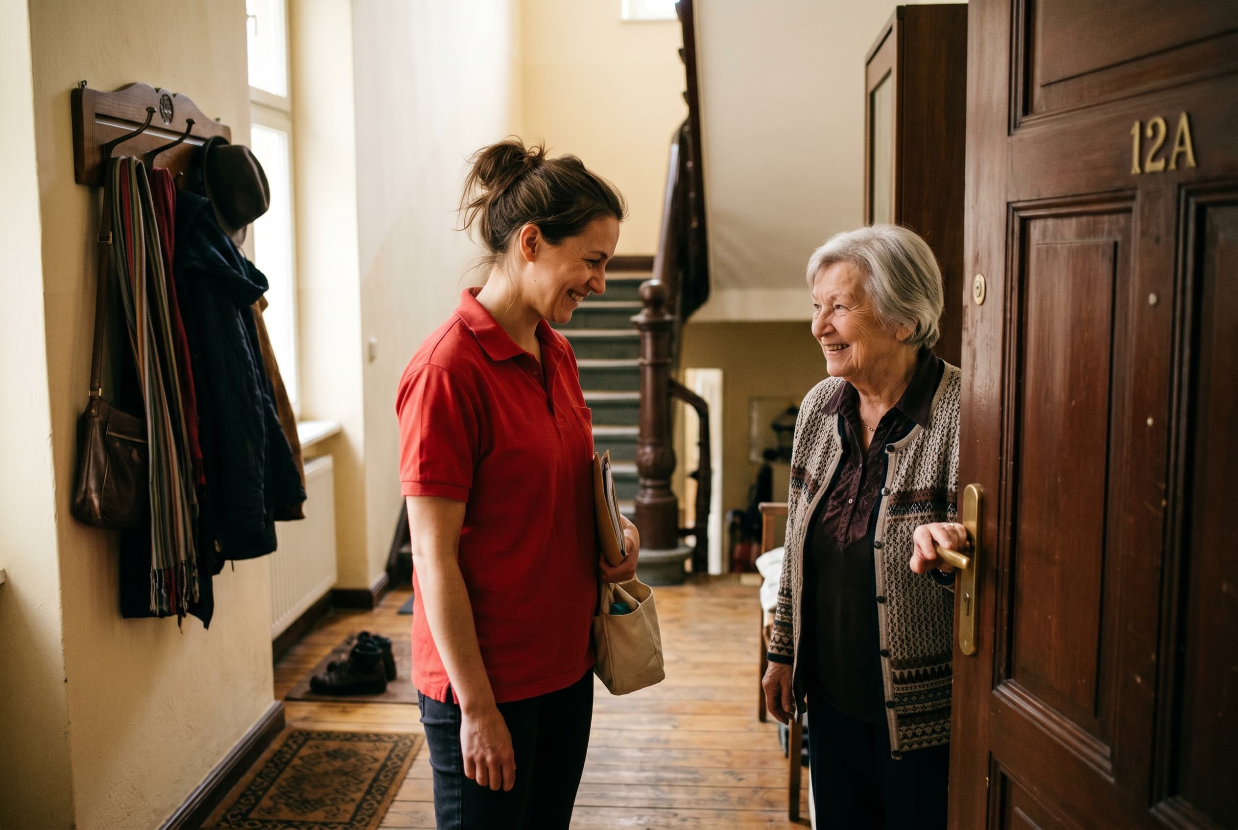 Pflegekraft begrüßt eine Seniorin herzlich an ihrer Wohnungstür