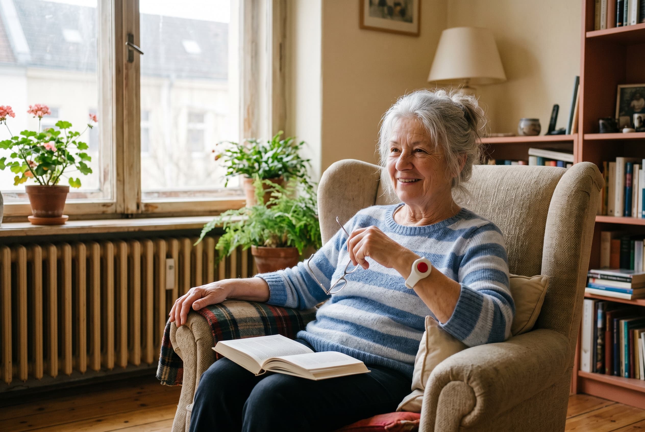 Seniorin im Sessel zu Hause, am Handgelenk ein Hausnotruf-Armband